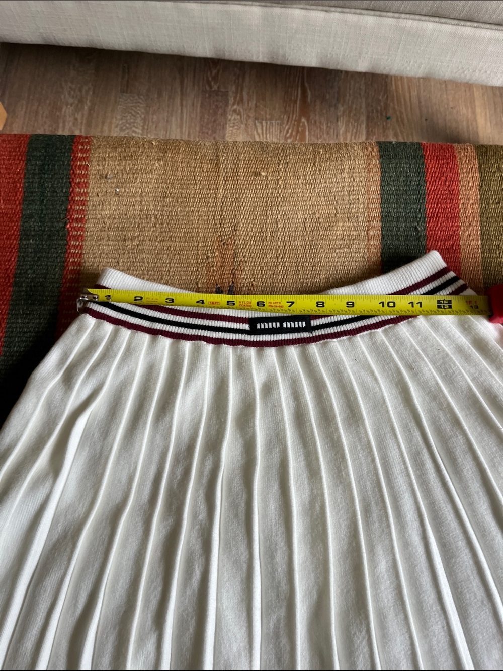 Miu Miu Knock-Off White Pleated Skater Skirt with Maroon and Black Waistband - Picture 2 of 4